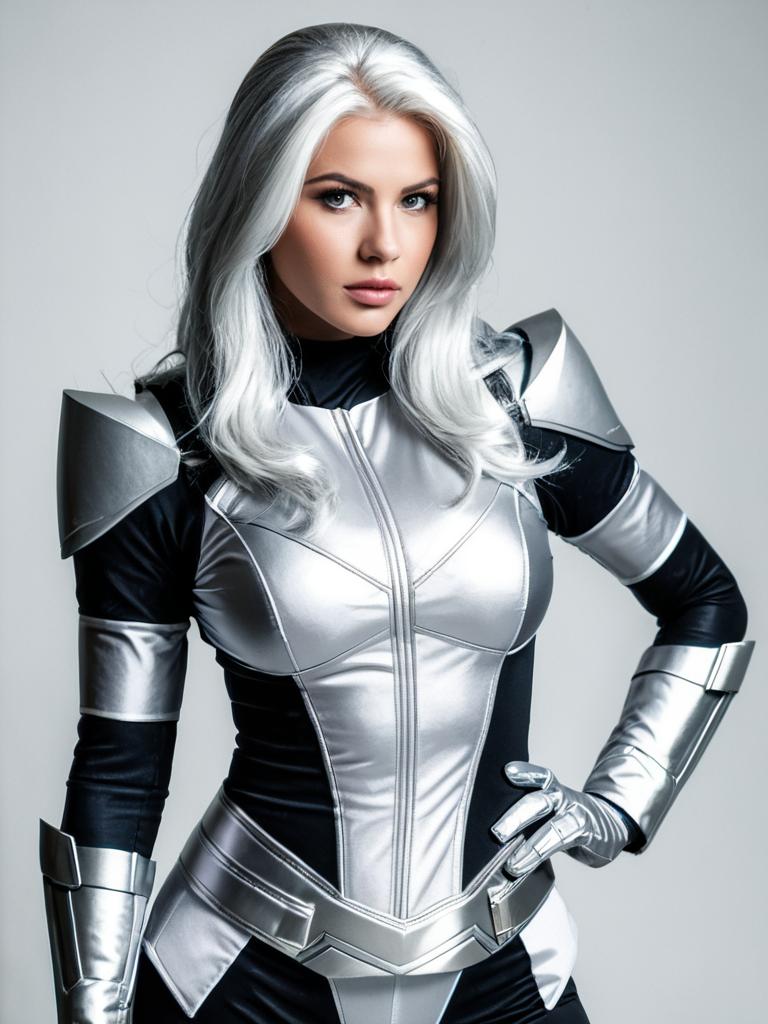 Realistic Silver Sable Cosplay Woman Wearing Metallic Armor Costume
