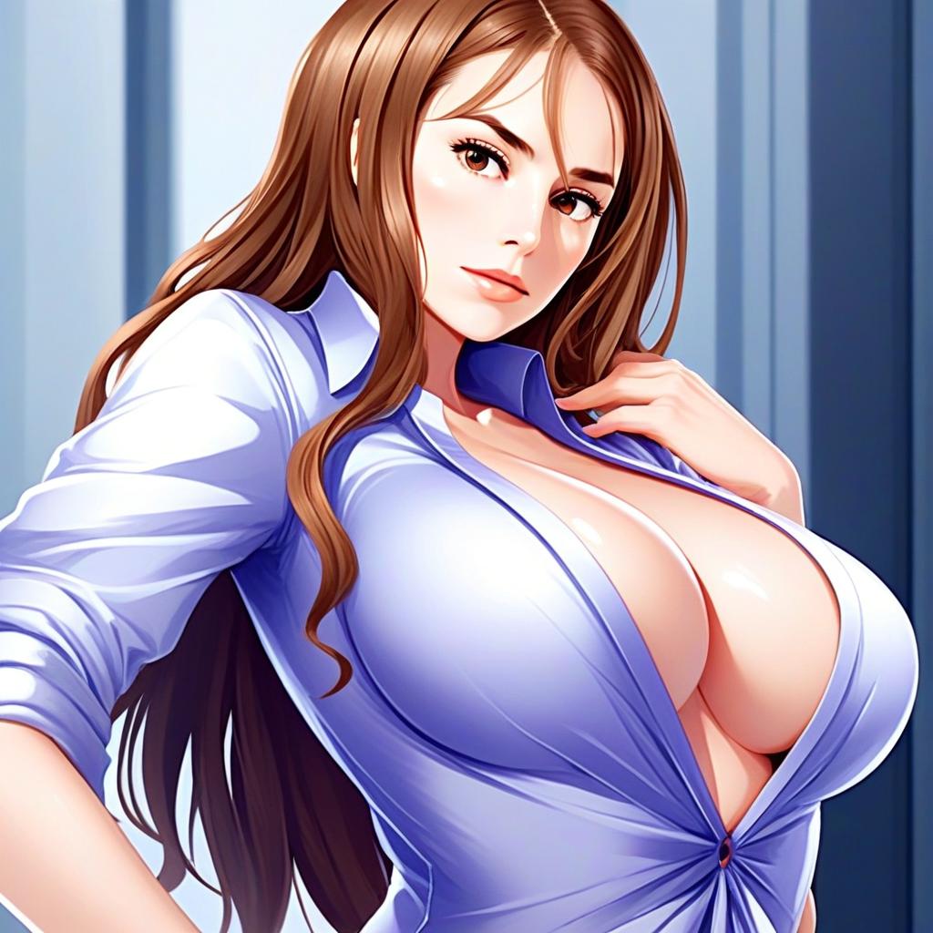 Anime Style Illustration of Confident Woman in Blue Shirt