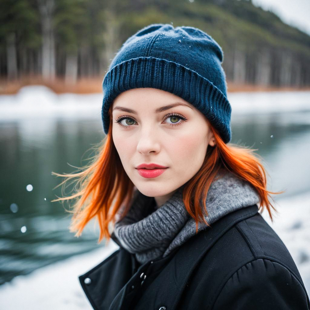 Young Woman with Red Hair by Snowy Riverbank Young Woman with Red Hair by Snowy Riverbank