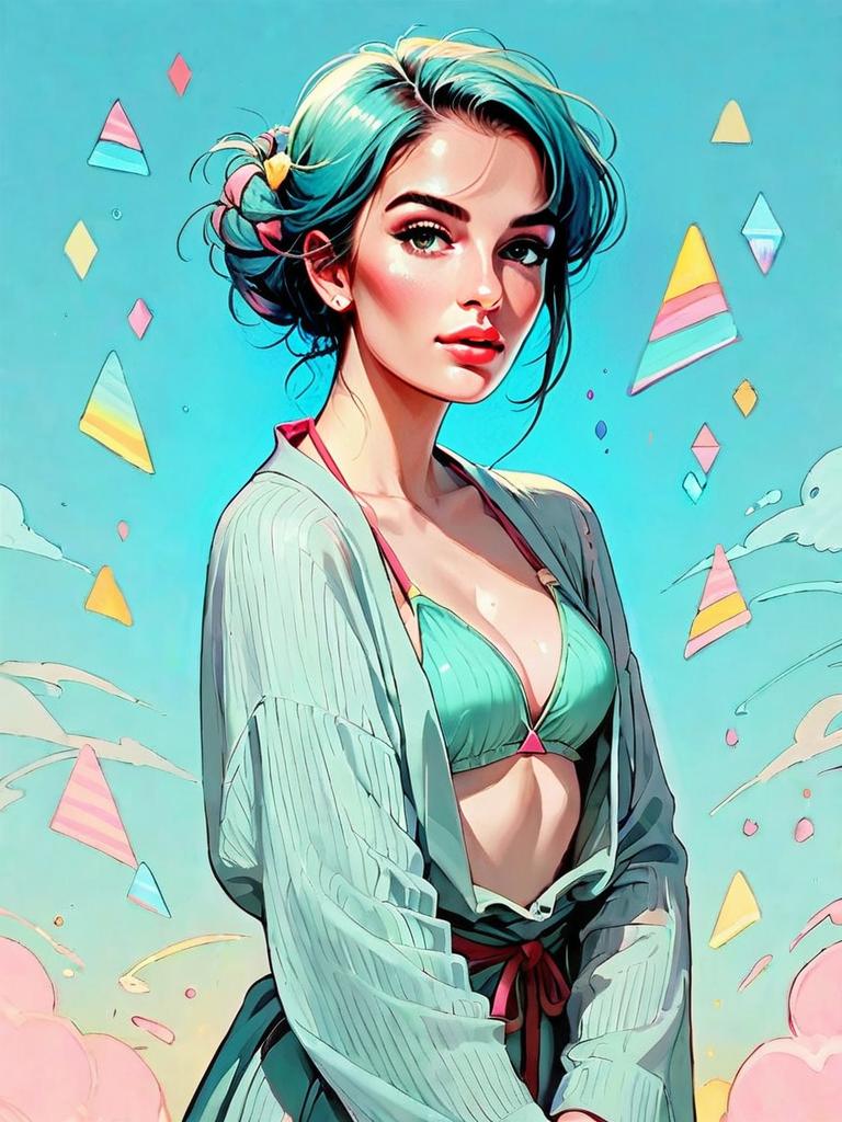 Realistic Illustration of Woman in Pastel Mint Green Triangle Bikini with Cardigan