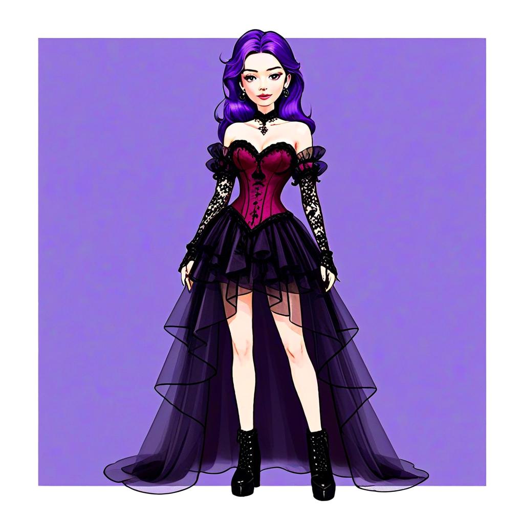 Gothic Woman in Burgundy Corset Gown with Purple Hair Digital Illustration