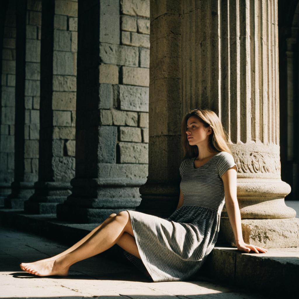 Contemplative Woman Sitting by Stone Column in Historic Architectural Setting