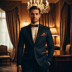 Confident Young Man in Tuxedo in Elegant Room