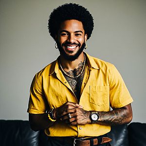 Smiling man with beard in yellow shirt and tattoos