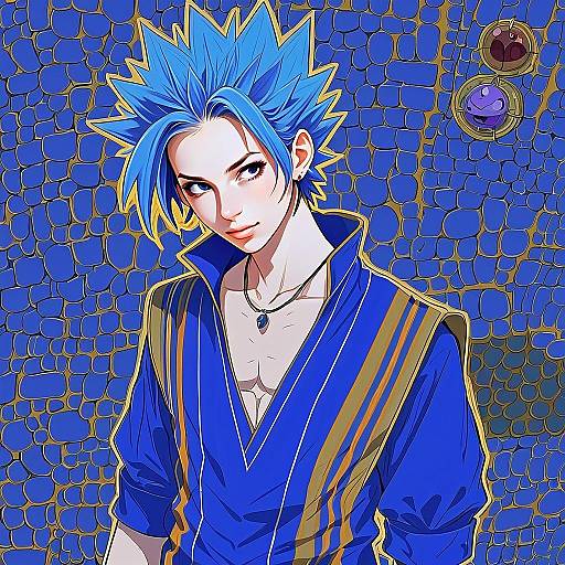 Anime Blue-Haired Young Man with Spiky Hair and Stone Wall Background