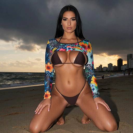 Confident Woman in Floral Crop Top and Brown Bikini on Beach at Sunset