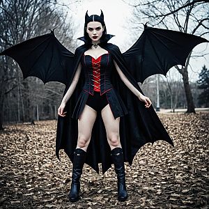 Gothic Woman with Bat Wings in Outdoor Setting