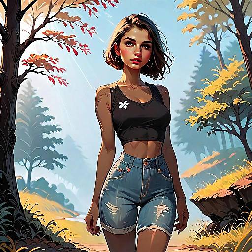 Stylish Young Woman in Casual Outfit on Autumn Forest Path Digital Illustration