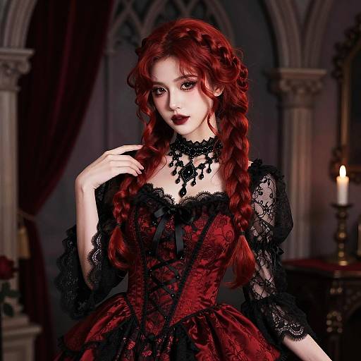 Victorian Gothic Woman in Red Corset Dress with Braided Hair