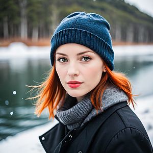 Young Woman with Red Hair by Snowy Riverbank