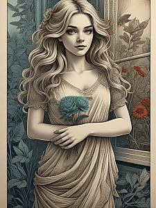 Woman Holding Blue Flower in Ethereal Atmosphere