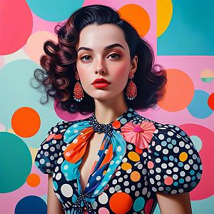 Stylish Woman in Polka-Dot Dress with Vibrant Background