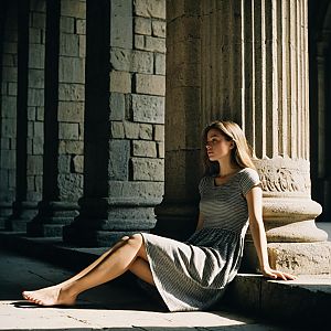 Contemplative Woman Sitting by Stone Column in Historic Architectural Setting