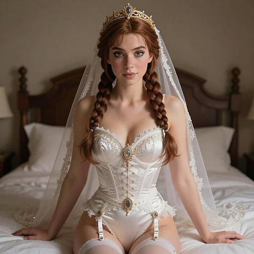 Woman in Bridal Satin Corset with Tiara and Veil Sitting on Bed