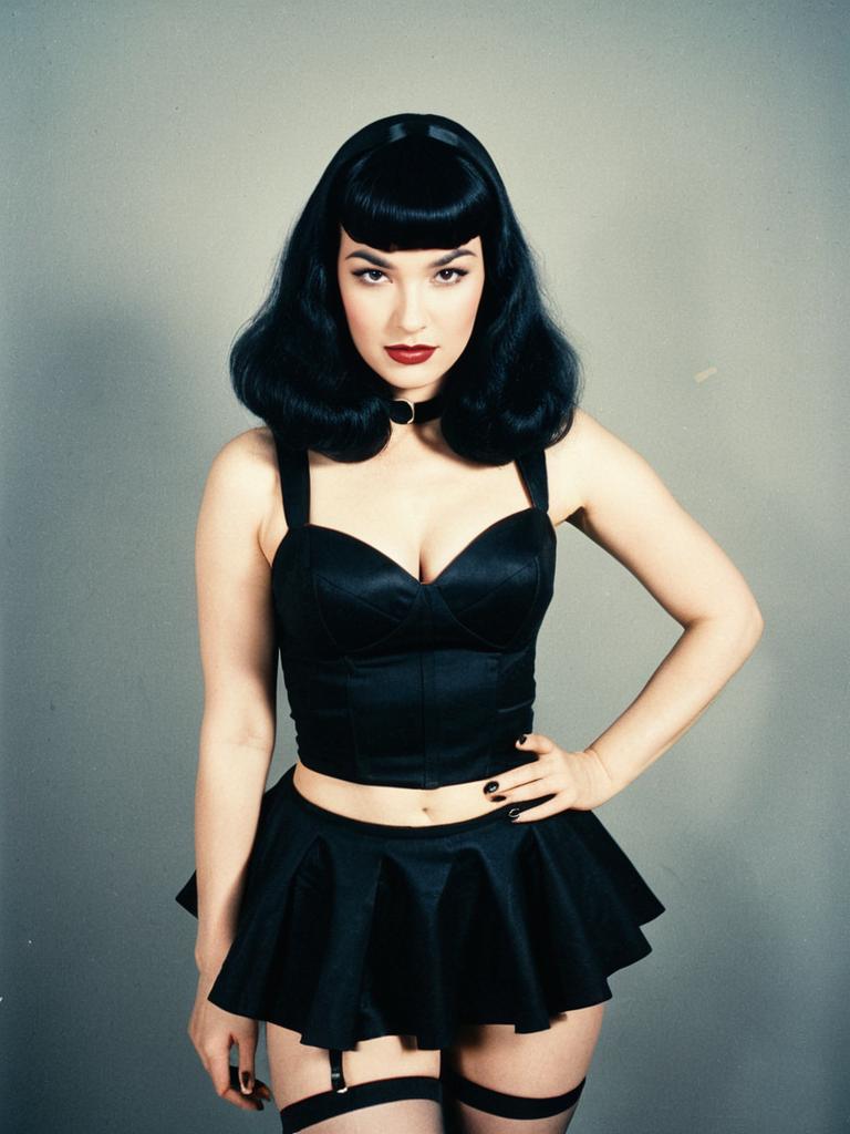 Vintage Pin-Up Woman with Bettie Page Bangs in Black Bustier and Mini Skirt