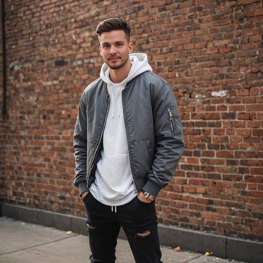 Stylish Man in Casual Urban Fashion Against Brick Wall