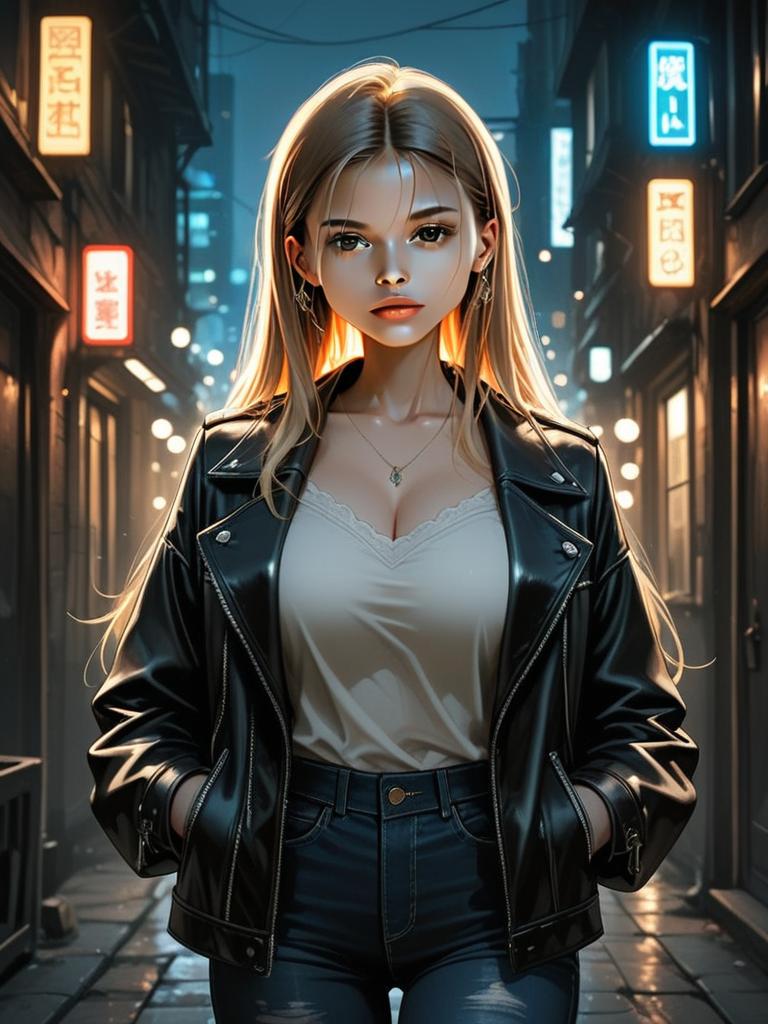 Stylish Woman in Neon-Lit Urban Alley Digital Anime Artwork