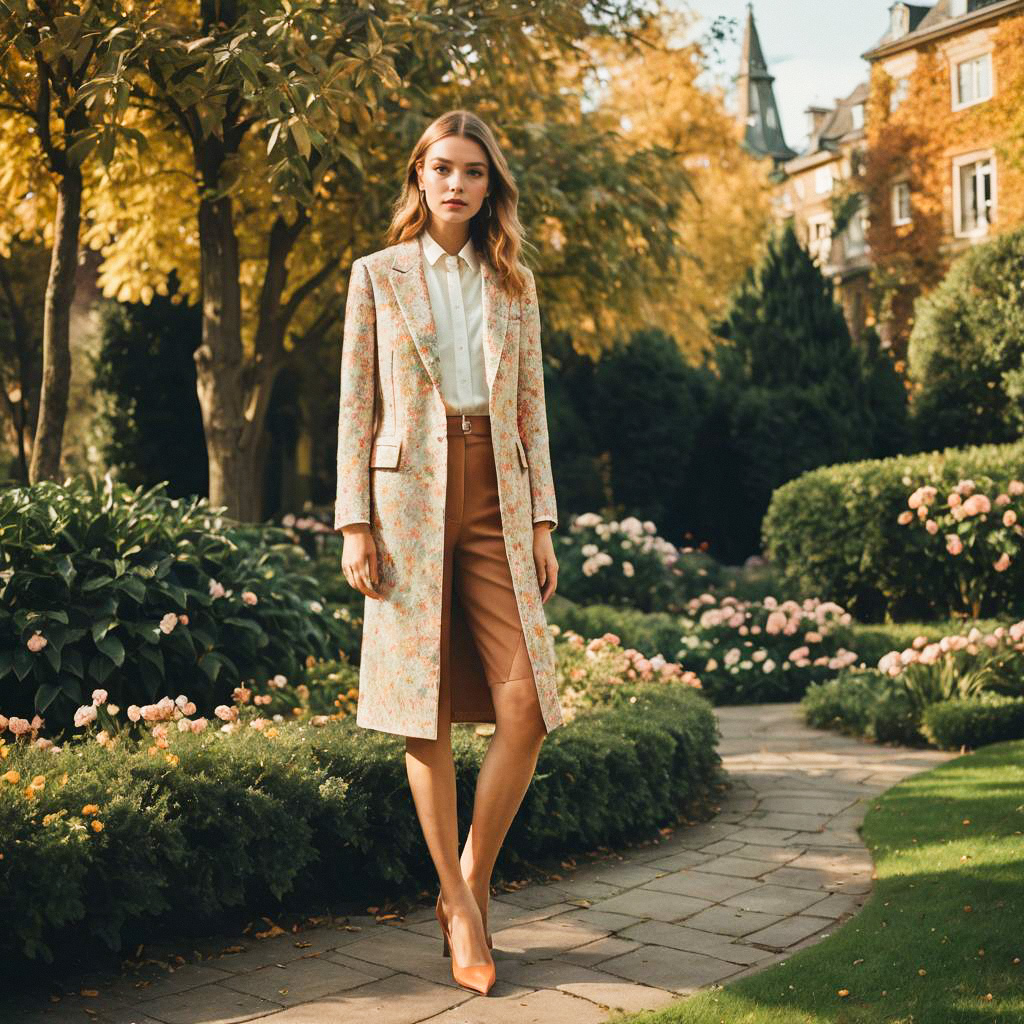Stylish Woman in Floral Coat on Garden Path