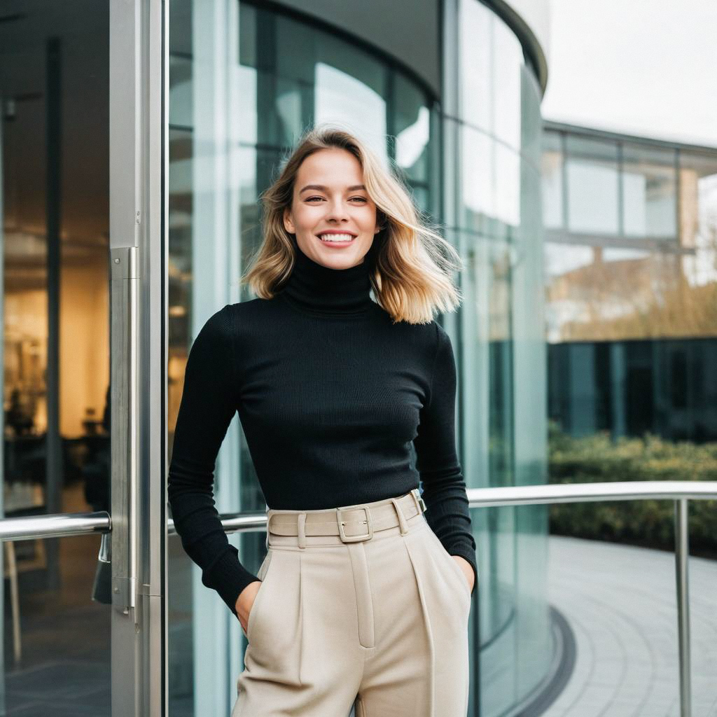 Confident Woman in Stylish Attire Outside Modern Building Confident Woman in Stylish Attire Outside Modern Building