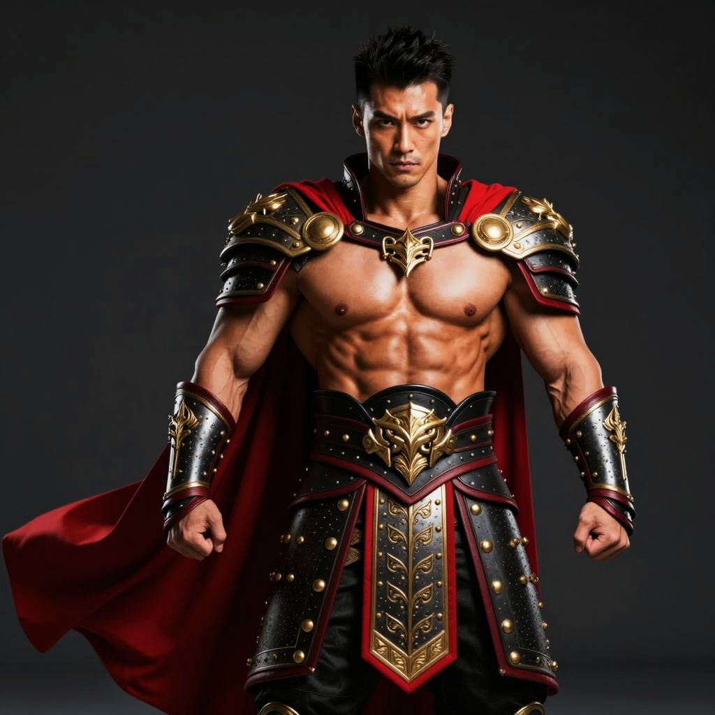 Muscular Man in Roman Warrior Armor with Red Cape