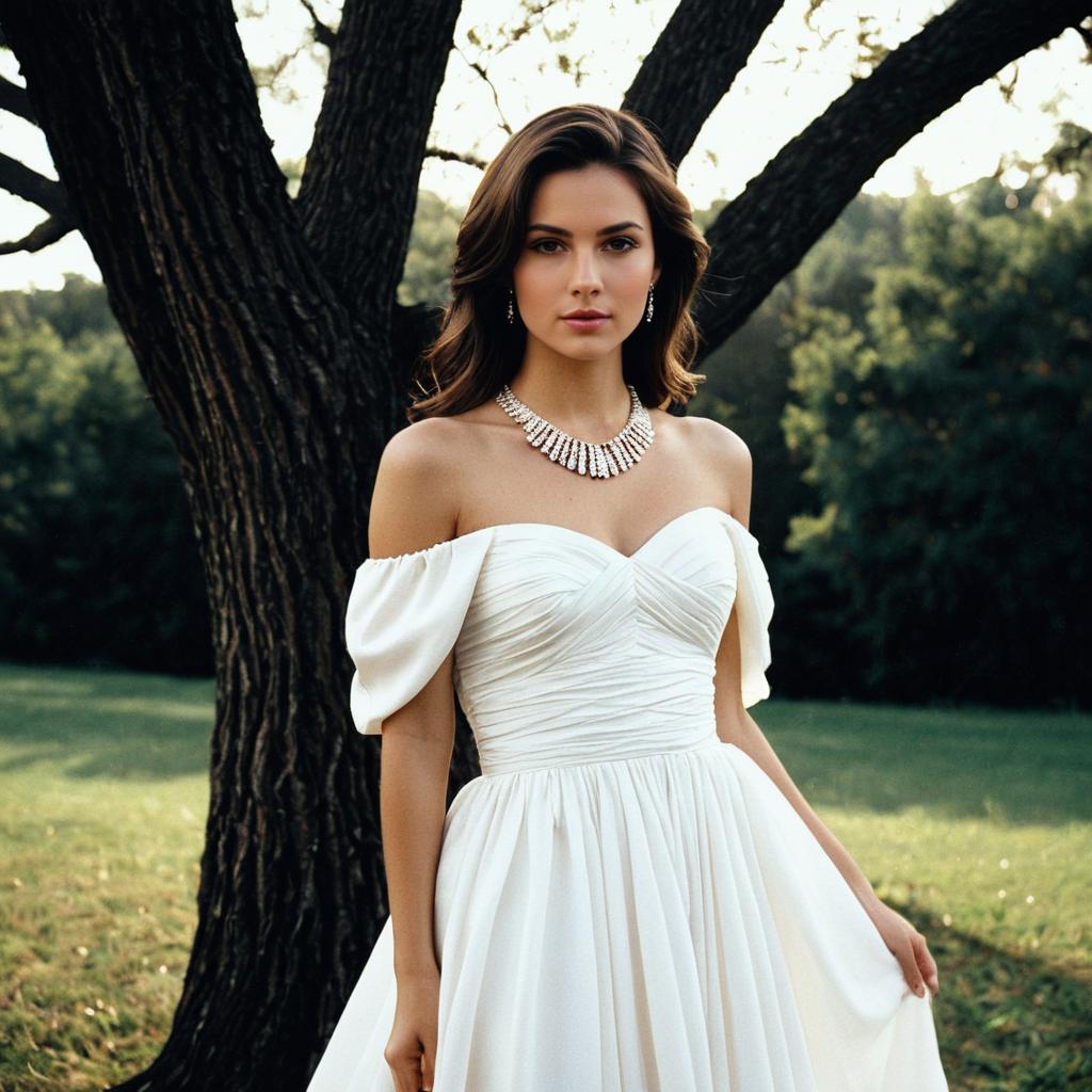 Elegant Woman in White Off-Shoulder Wedding Dress with Jewelry Outdoor