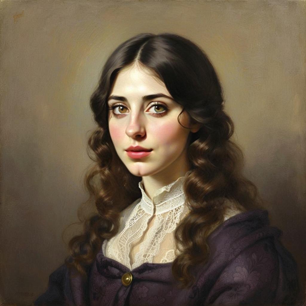 Classical Portrait of Young Woman with Wavy Hair in Vintage Attire