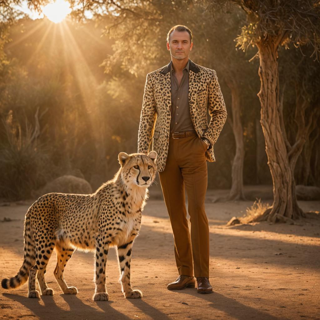 Man with Cheetah at Sunset