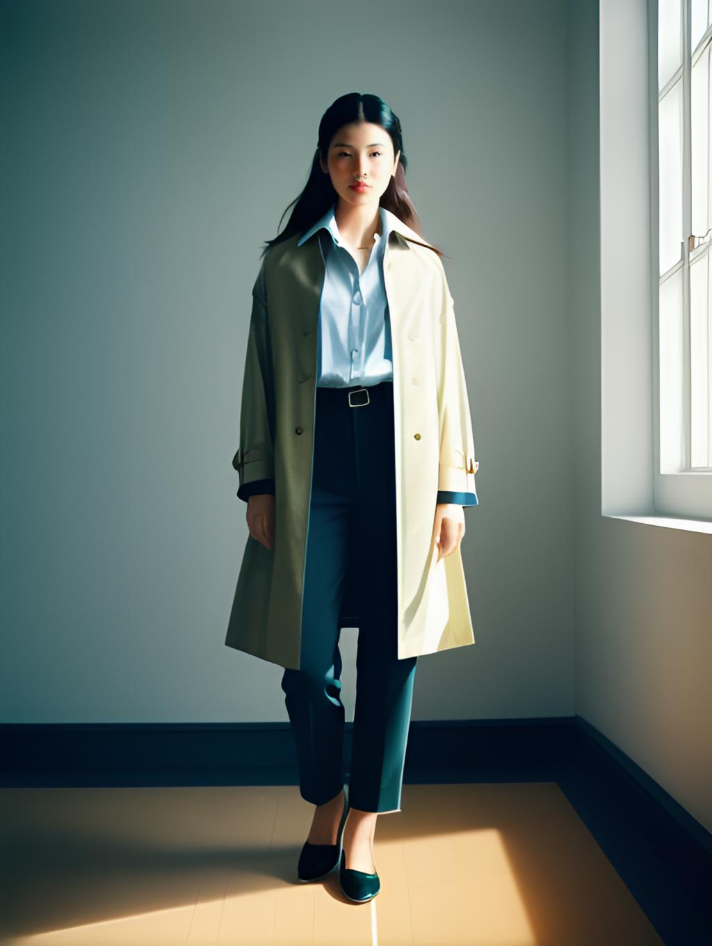 Elegant Woman in Beige Trench Coat and Teal Trousers Fashion Portrait
