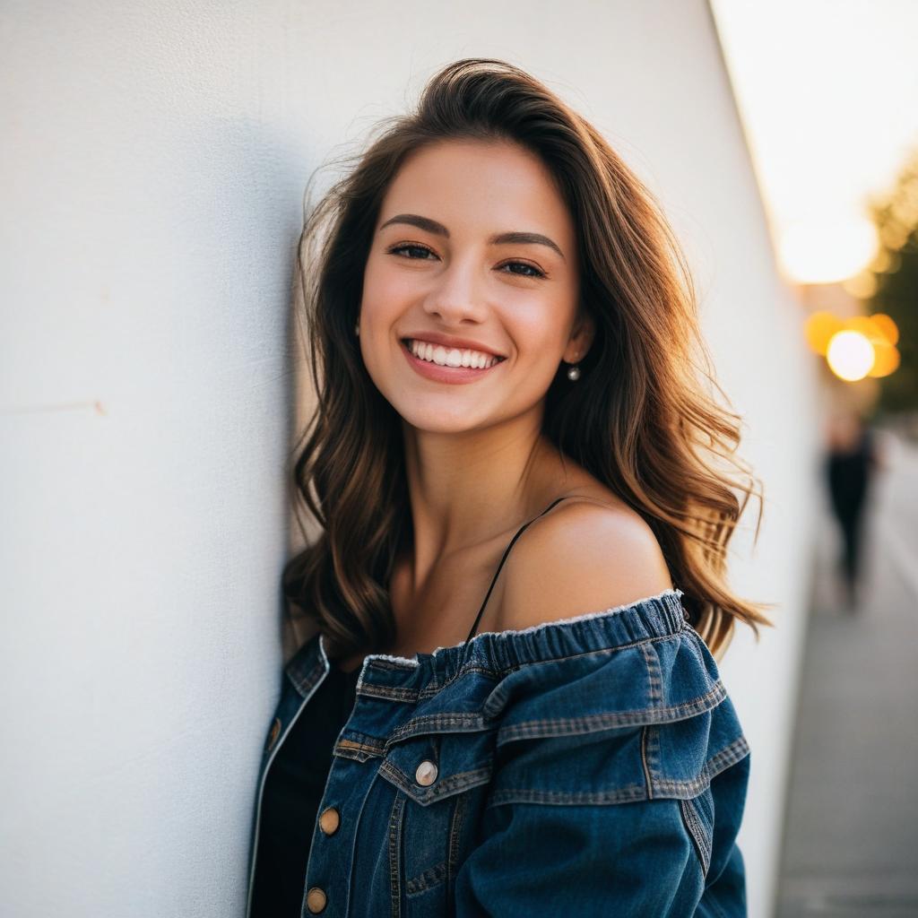 Smiling Young Woman Wearing Denim Jacket Outdoors
