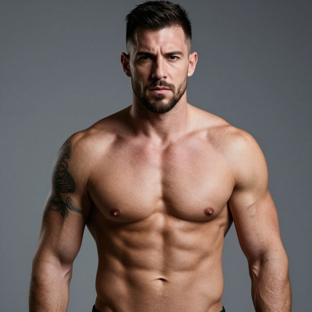Shirtless Muscular Man with Tattoo Posing against Gray Background