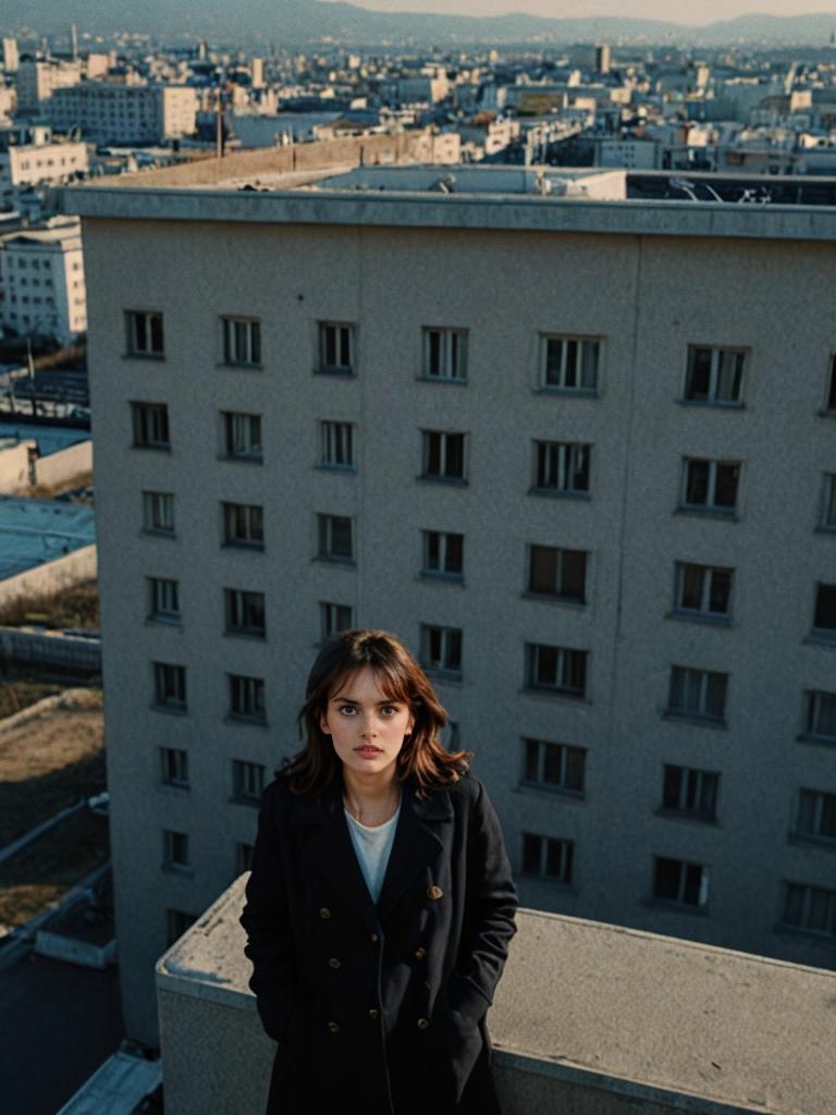 Woman on Rooftop Overlooking Urban Cityscape