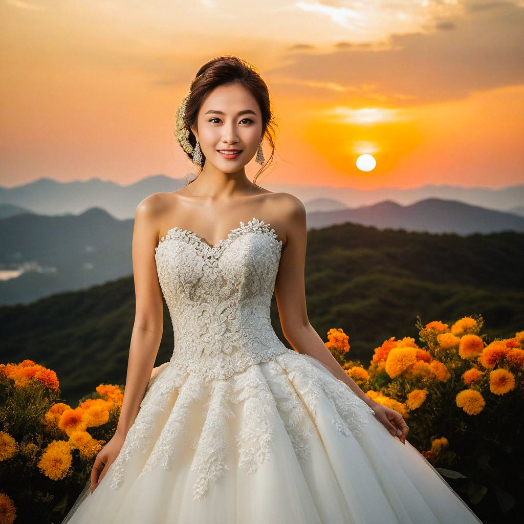 Bride in White Gown Amidst Orange Flowers at Sunset
