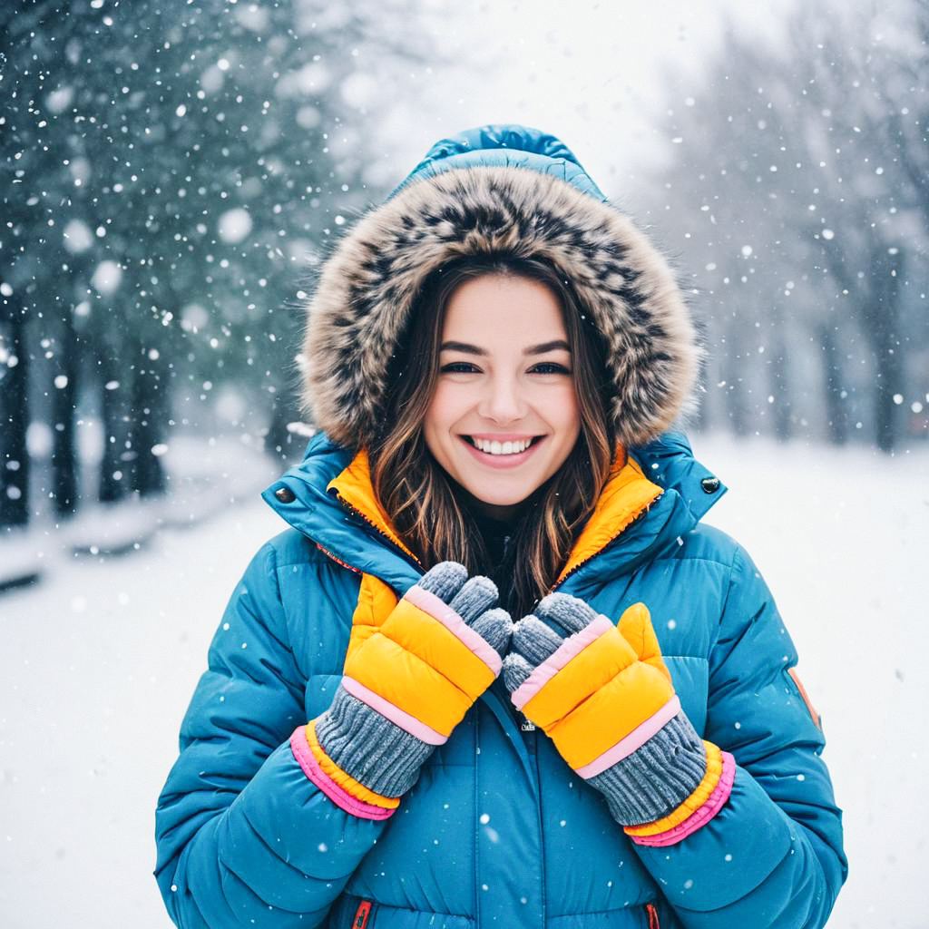 Joyful Woman in Colorful Winter Jacket in Snowy Forest