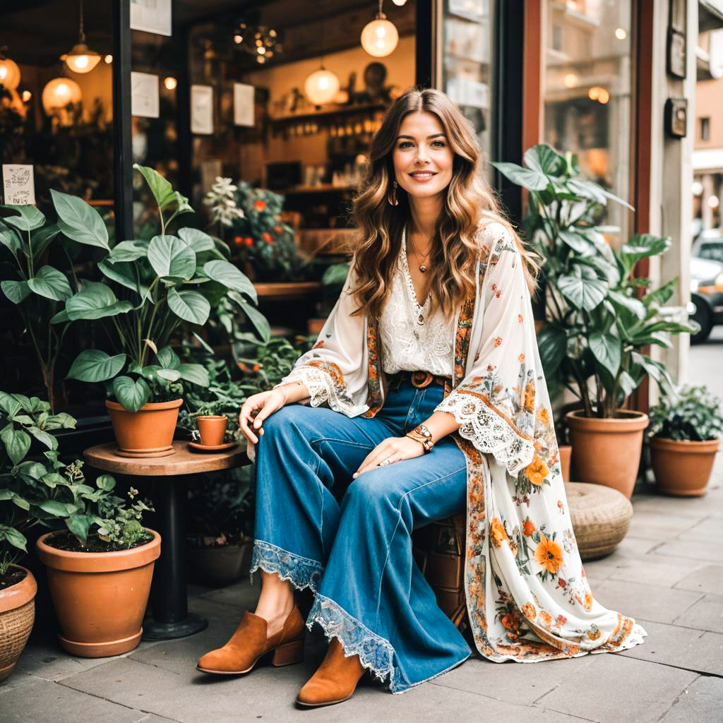 Stylish Young Woman at Café in Floral Kimono