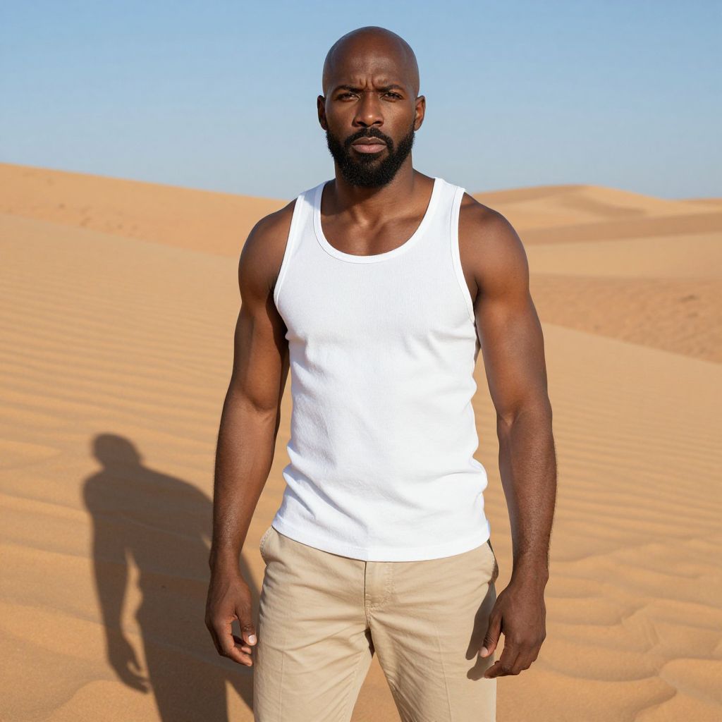 Portrait of Muscular Man in White Tank Top in Desert Sand Dunes