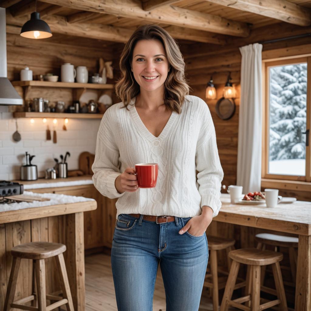 Woman with Red Mug in Cozy Kitchen with Snowy View