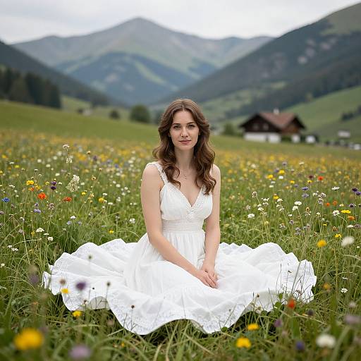 Young Woman in White Dress Sitting in Wildflower Meadow with Mountains