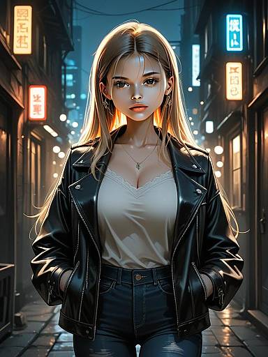 Stylish Woman in Neon-Lit Urban Alley Digital Anime Artwork