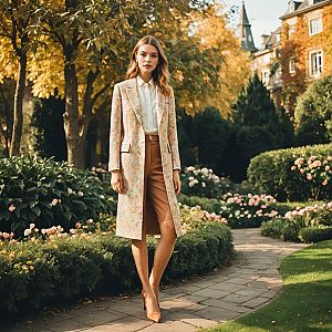 Stylish Woman in Floral Coat on Garden Path