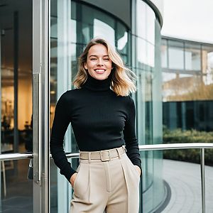 Confident Woman in Stylish Attire Outside Modern Building