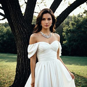 Elegant Woman in White Off-Shoulder Wedding Dress with Jewelry Outdoor