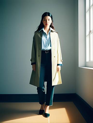 Elegant Woman in Beige Trench Coat and Teal Trousers Fashion Portrait