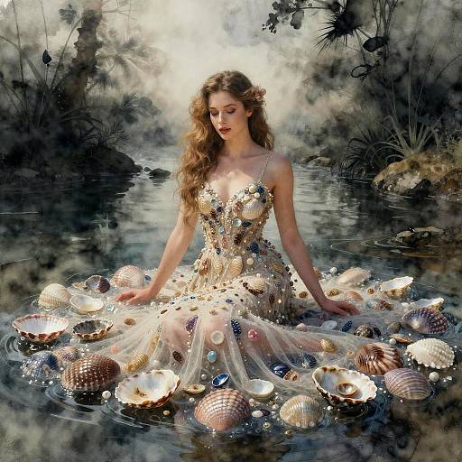 Elegant Woman in Seashell-Embellished Dress Sitting in Mystic Water