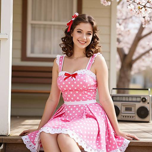 Vintage Pink Polka Dot Dress Woman Sitting on Porch with Retro Boombox