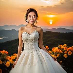 Bride in White Gown Amidst Orange Flowers at Sunset