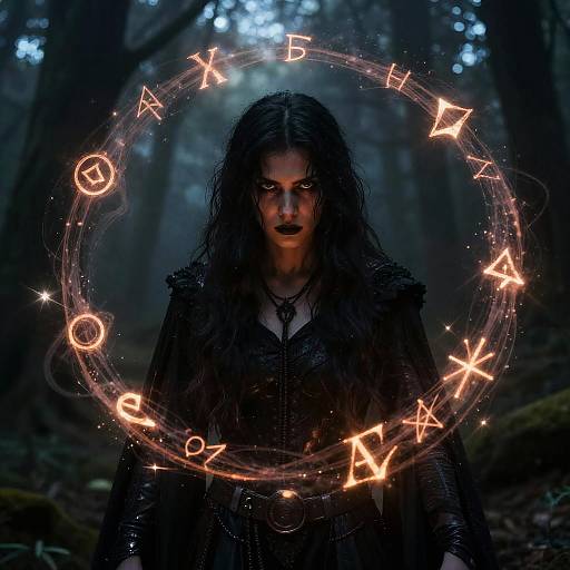 Dark Gothic Woman Summoning Magical Runes in Forest