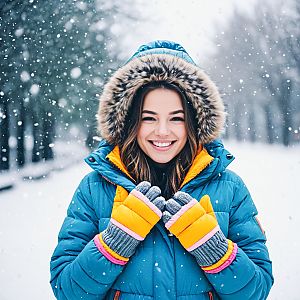 Joyful Woman in Colorful Winter Jacket in Snowy Forest