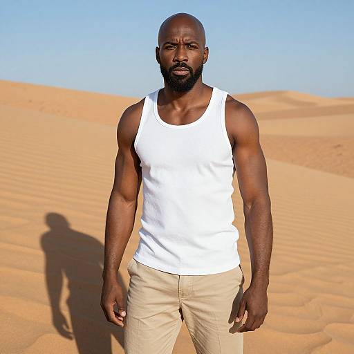 Portrait of Muscular Man in White Tank Top in Desert Sand Dunes