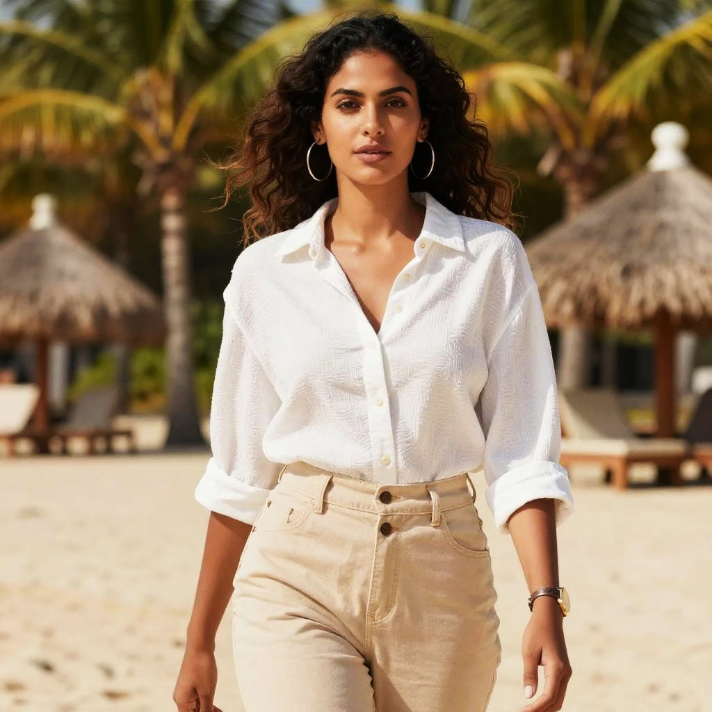 Confident Young Woman in Casual Beachwear on Tropical Beach