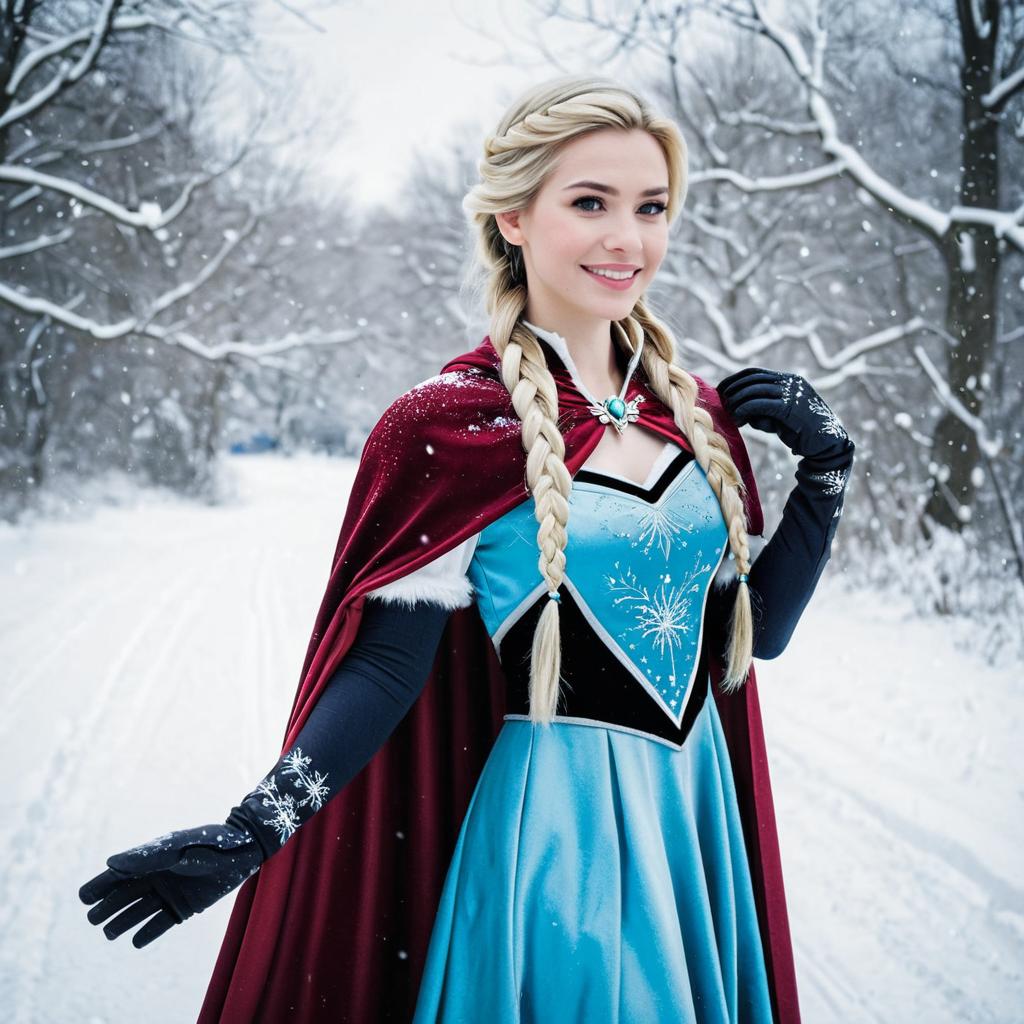 Young Woman in Snowy Landscape with Blue Dress and Red Cloak Young Woman in Snowy Landscape with Blue Dress and Red Cloak